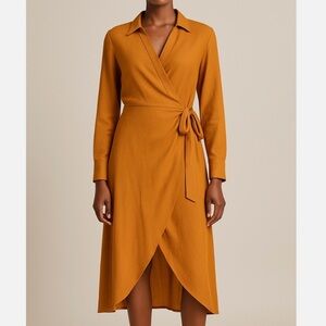 Rachel Zoe Linen Blend Wrap Dress 8 Orange Midi Academia Business Casual Office